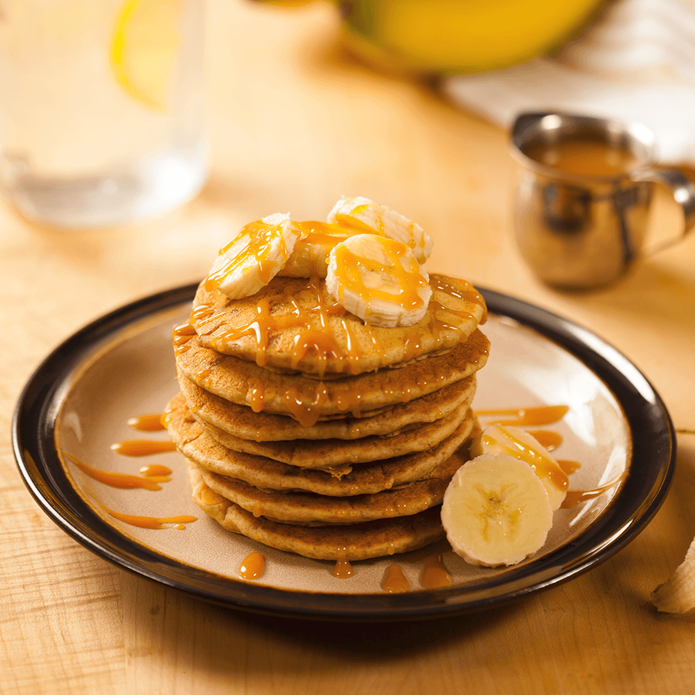 Stack of banana carmel pancakes