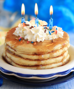 Stack of birthday cake pancakes
