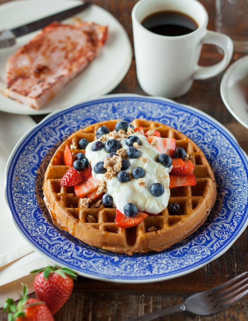 Pancake with blueberry and strawberry topping