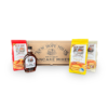 Photo of the Seneca Gift box, which includes a 2lb Buttermilk, a 2lb Complete, and a 2lb Old Fashioned Pancake mixes, with a 12.5 fl oz glass bottle of Pure Maple Syrup