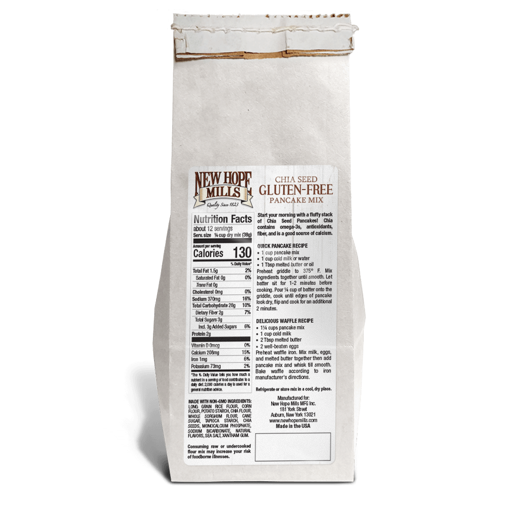 Image of the back of the Gluten Free Chia Pancake Mix bag