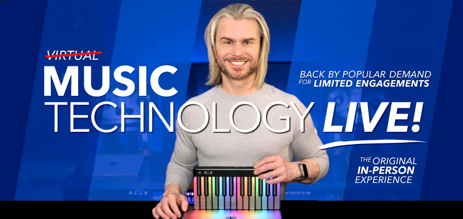 Brent Daniels presenting Virtual Music Technology LIVE school assembly for K–12 students