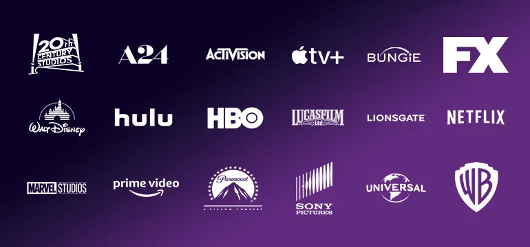 An image of major movie and streaming studio logos, such as Disney, Warner Brothers and more.