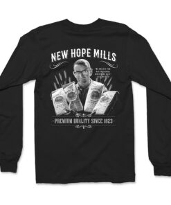 Long Sleeve Back; black with white "百度影音电影网" and "Premium Quality Since 1823" text with an image of Leland Weed holding bags pancake mix