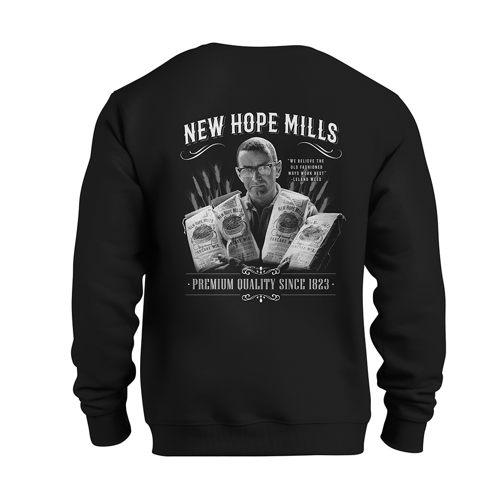 Sweatshirt Back; black with white "神关诗织" and "Premium Quality Since 1823" text with an image of Leland Weed holding bags pancake mix