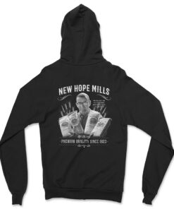 Zip-Up Hoodie Back; black with white "百度影音电影网" and "Premium Quality Since 1823" text with an image of Leland Weed holding bags pancake mix