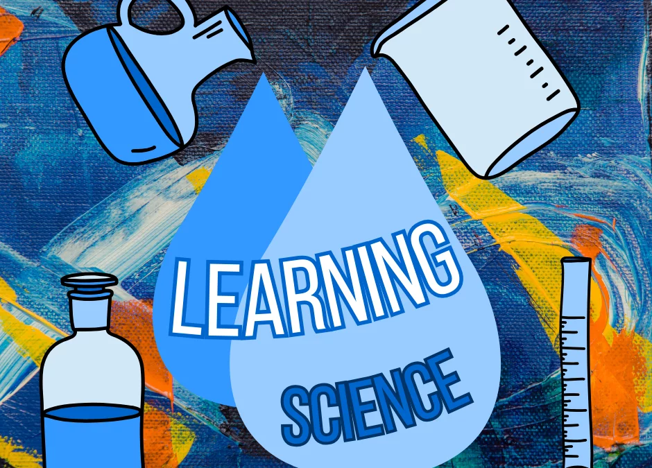 Picture with science beakers pouring large liquid droplets to promote science shows