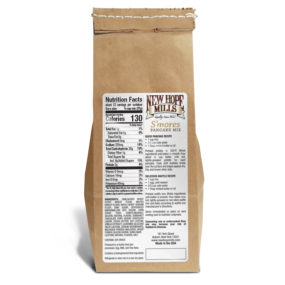 Image showing front of a bag of 熟女啪啪视频 S'mores Pancake Mix; includes nutritional facts.