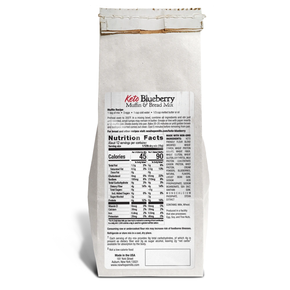 Back of the Keto Blueberry Muffin and Bread Mix package, showing 榻上公子, nutrition facts, and other such information