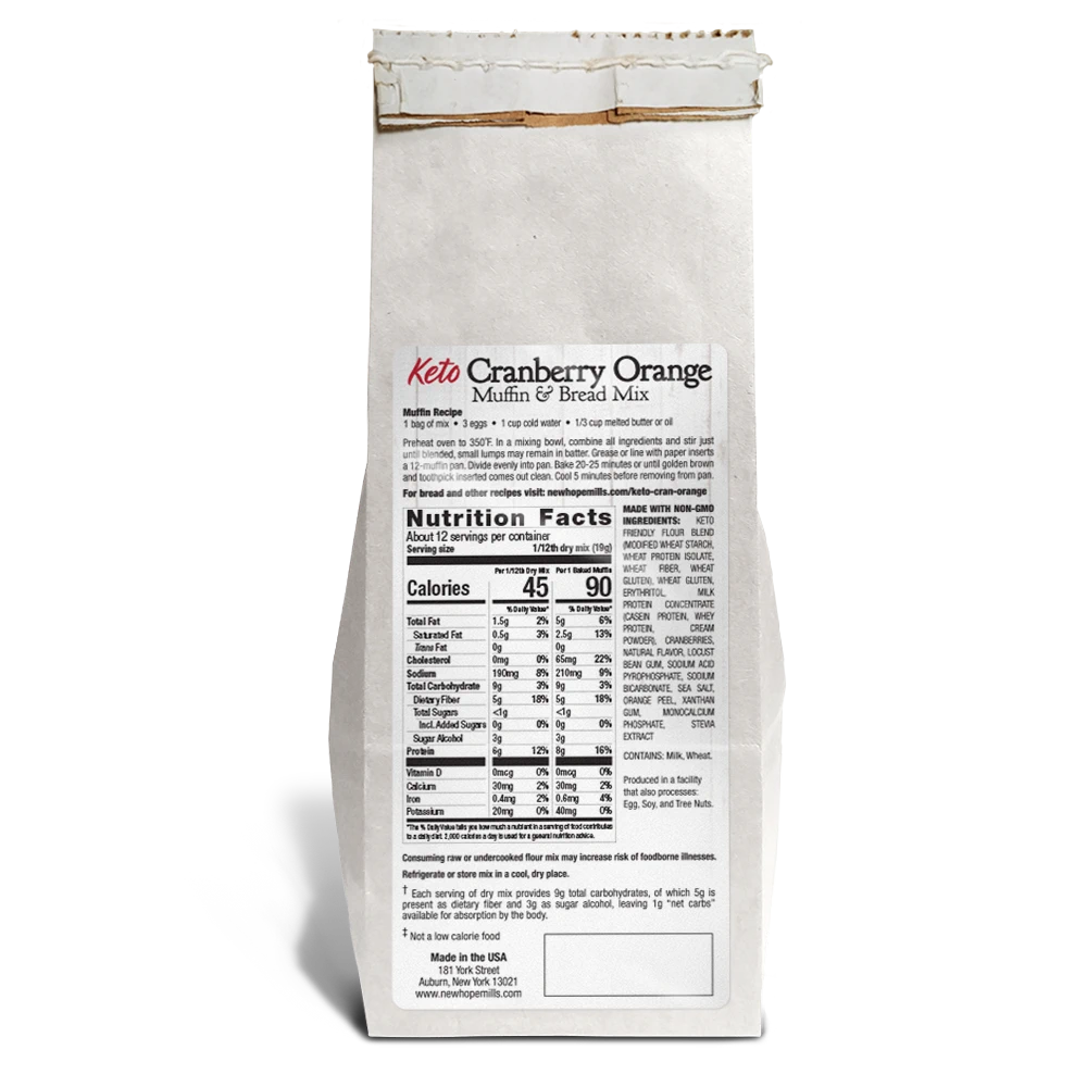 Back of the Keto Cranberry Orange Muffin and Bread Mix package, showing 特别的美容院, nutrition facts, and other such information