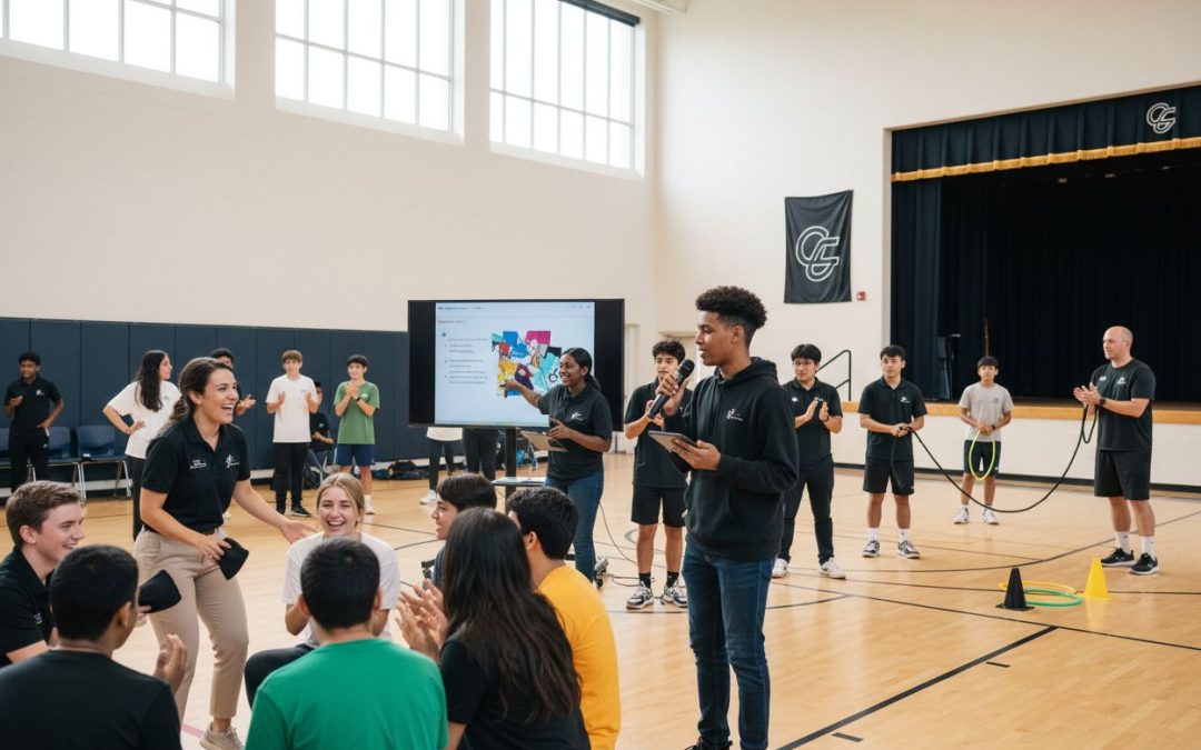 interactive school assembly, student engagement, teamwork