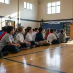 Students listening to assembly in gymnasium