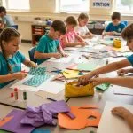 Elementary students creating art projects together