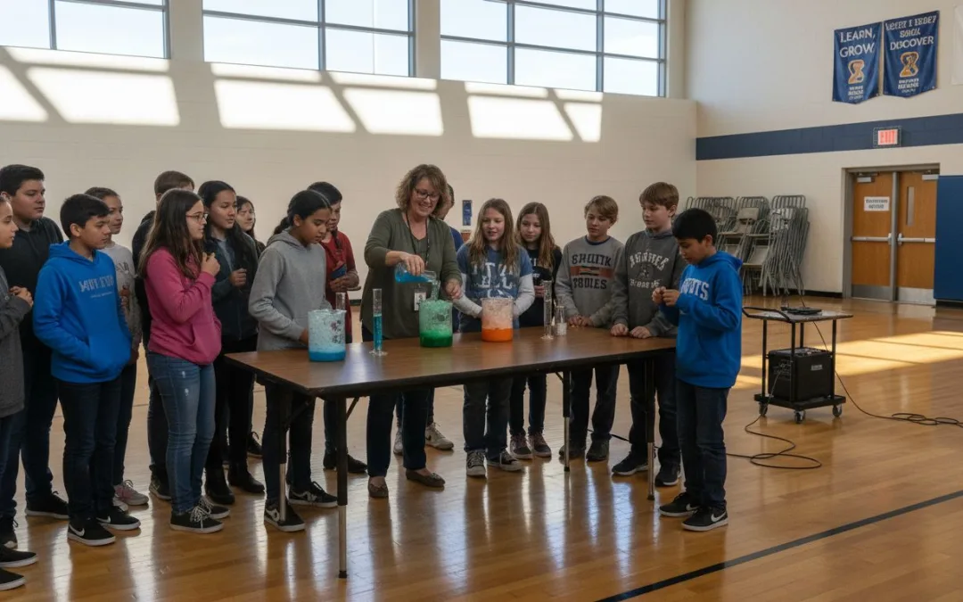 Students gathered for interactive school assembly activity