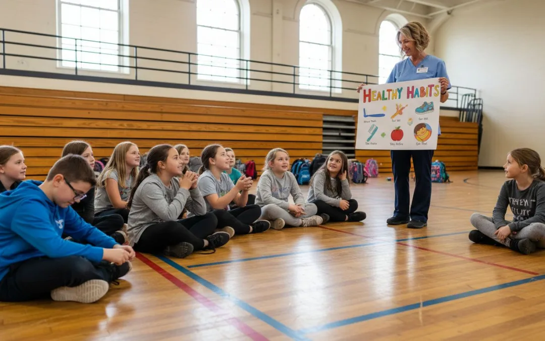 School students attending health education assembly