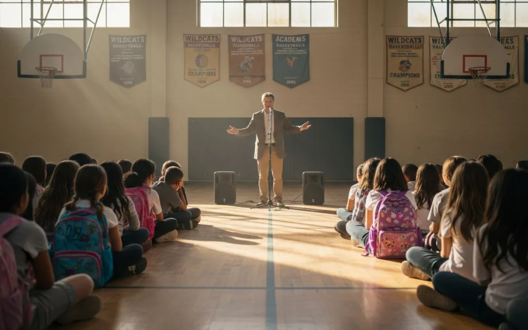 Students listening at engaging school assembly