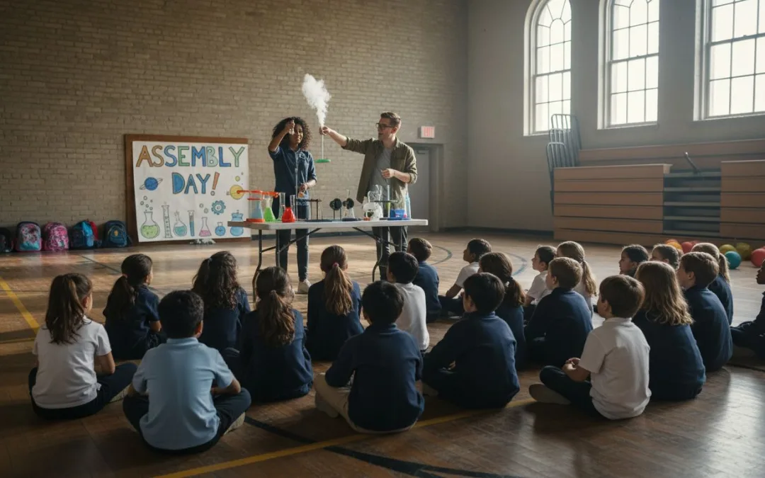 Students watching school assembly in gymnasium