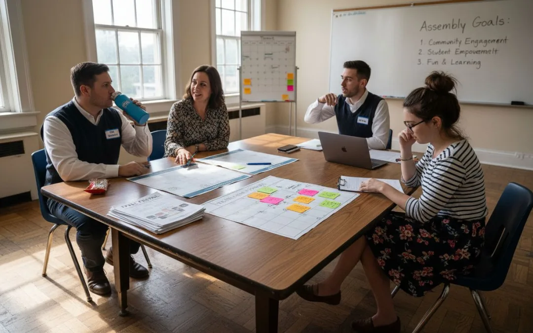 Educators planning school assembly together at table