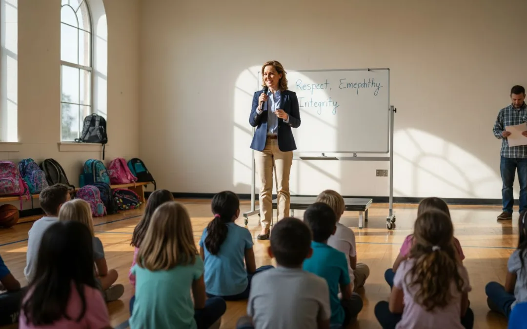 Students at character education school assembly