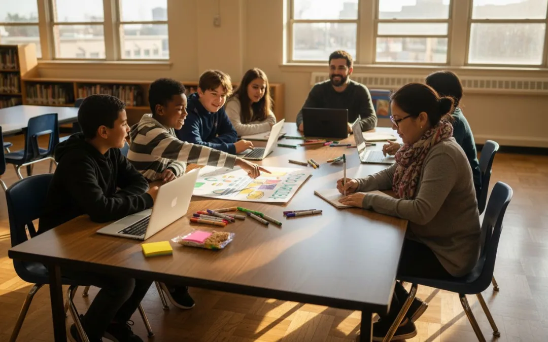 Diverse students and teachers planning around table