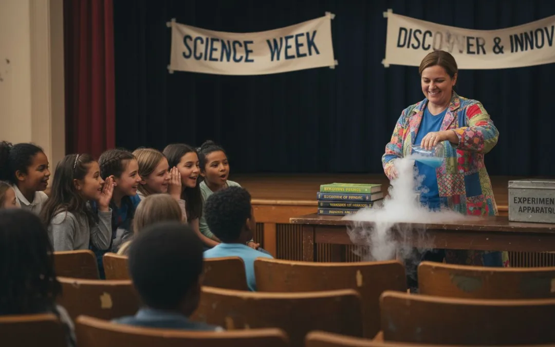 Excited students watch science assembly in school auditorium