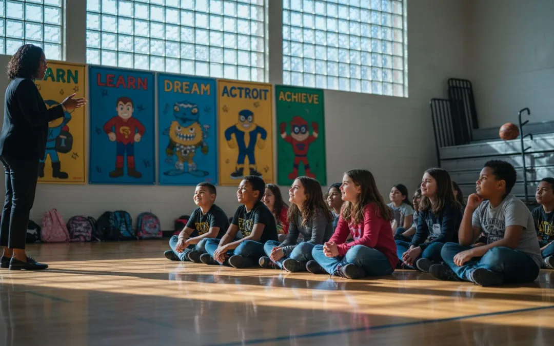 Detroit students at character assembly in gym