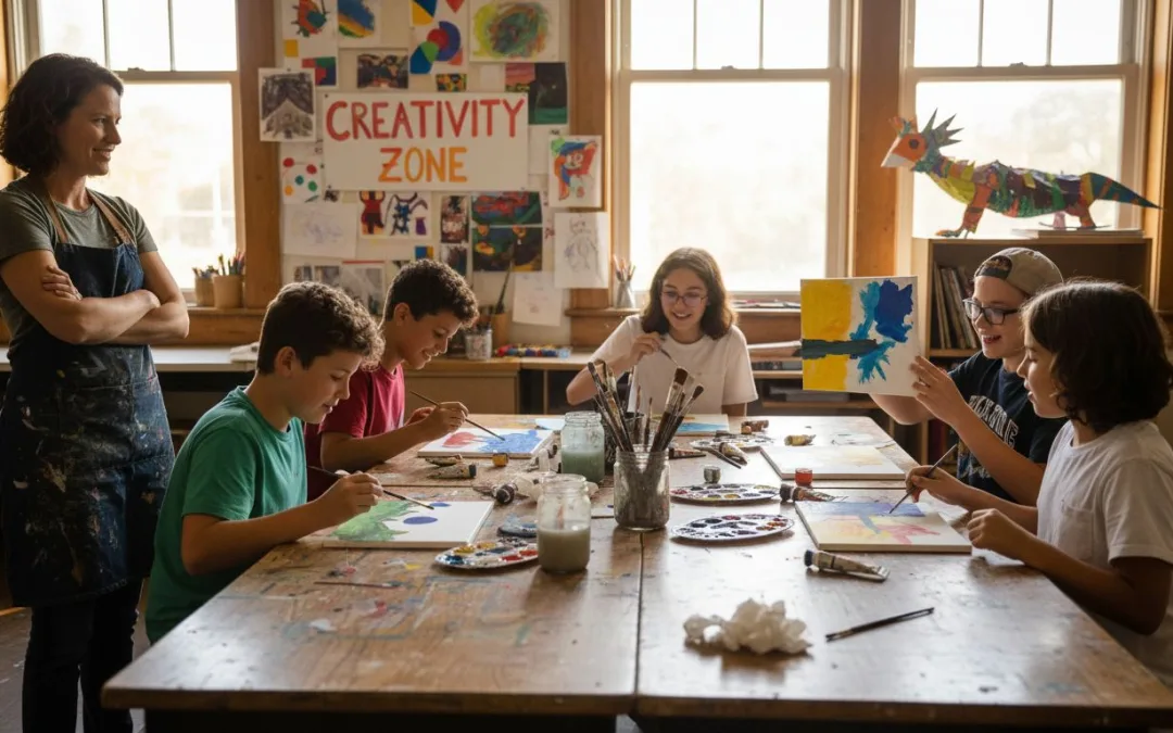 Students painting together in lively art classroom