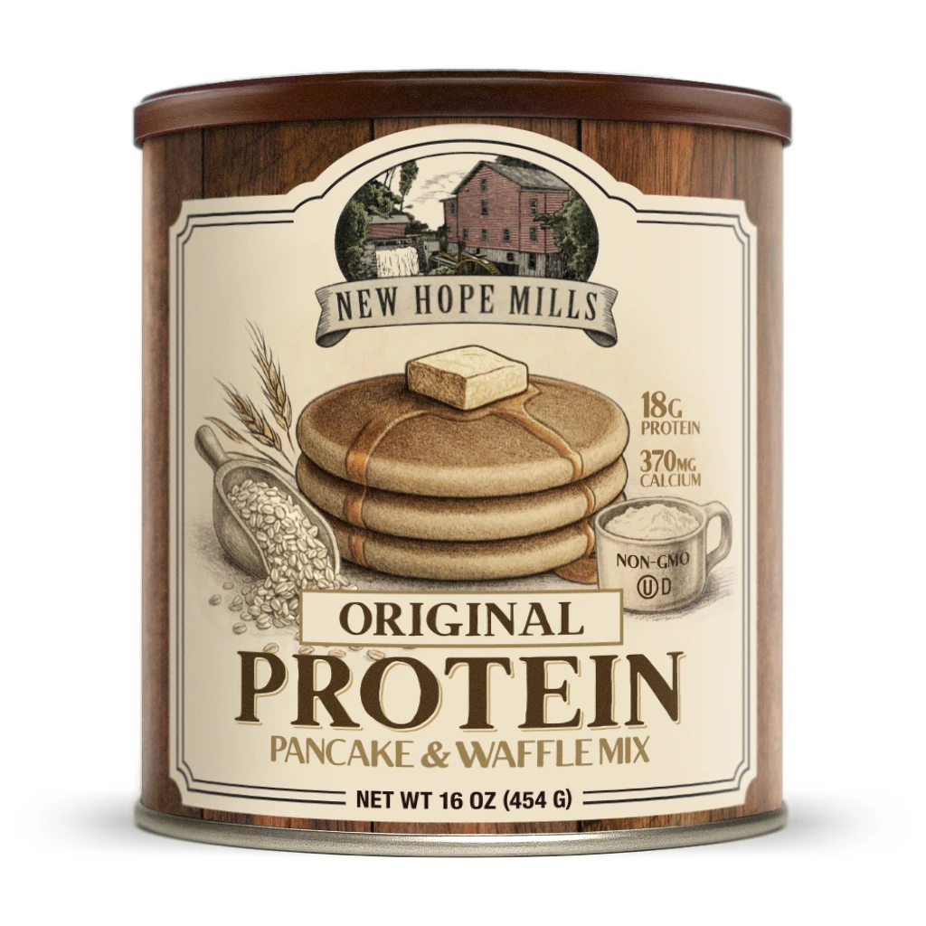 A photo of the front of the can of pp直播 New Protein Pancake Mix