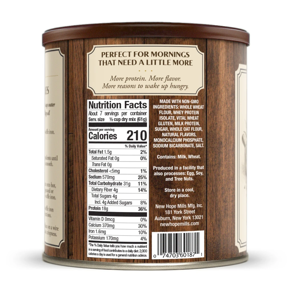 An image of the back of the can of pp直播 New Protein Pancake Mix showing the nutritional values.