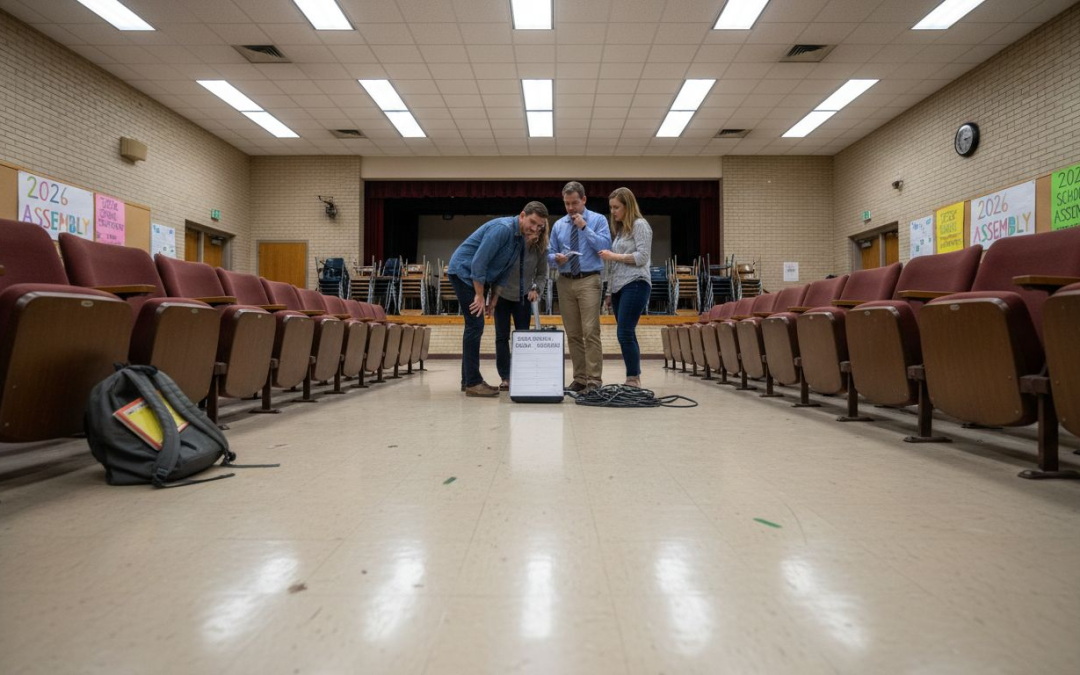 Team planning school assembly in auditorium