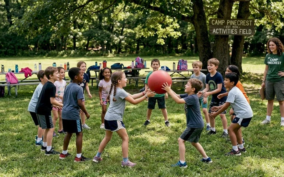 Children playing outdoor camp team-building game