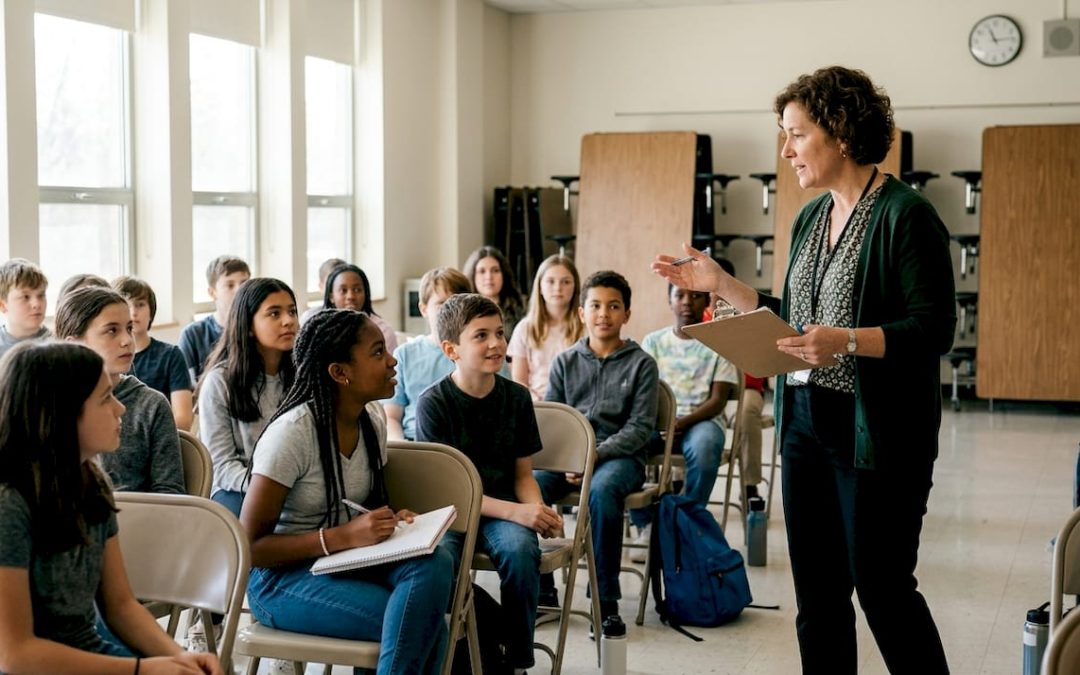 Teacher leading engaged school assembly group
