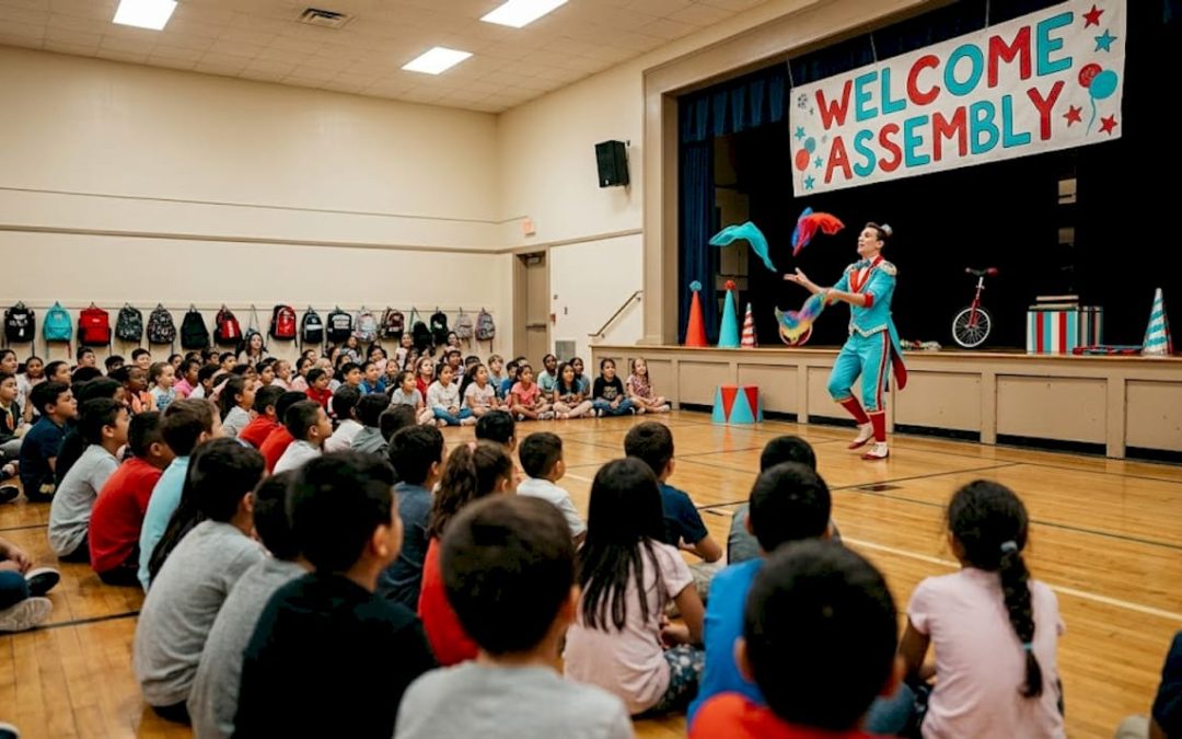 Elementary students watching interactive school assembly show